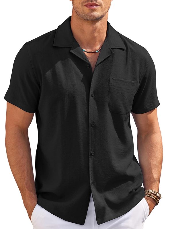 men's black casual button shirt short sleeve, summer resort & beach wear, sizes s xxxl, breathable blend, classic collar design, machine washable, beach shirt