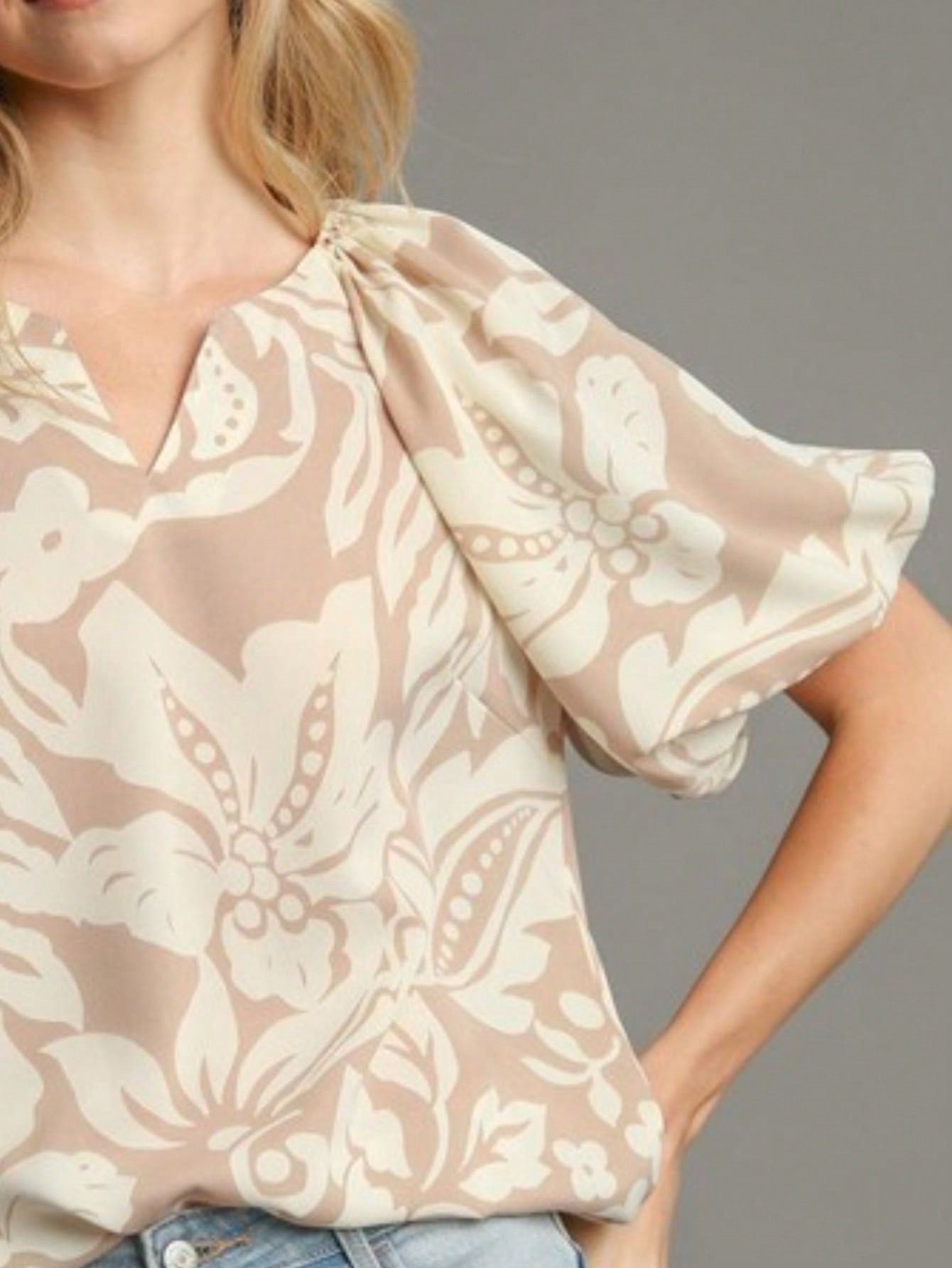 womens casual hawaiian tropical chic puff sleeve floral print blouse top beige white large scale leaf pattern split neck short sleeve relaxed fit summer beach resort wear