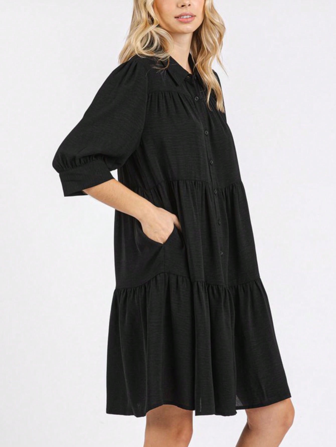 womens casual babydoll chic tiered ruffle flowy midi dress black three quarter length sleeve round neck loose fit lightweight breathable summer spring daily wear