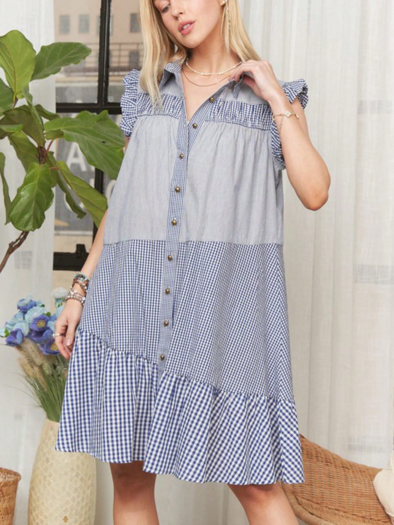 womens casual midi dress vintage prairie style gingham patchwork ruffle sleeveless button down collared tiered summer sundress blue white check pattern knee length swing babydoll spring cottage core fashion