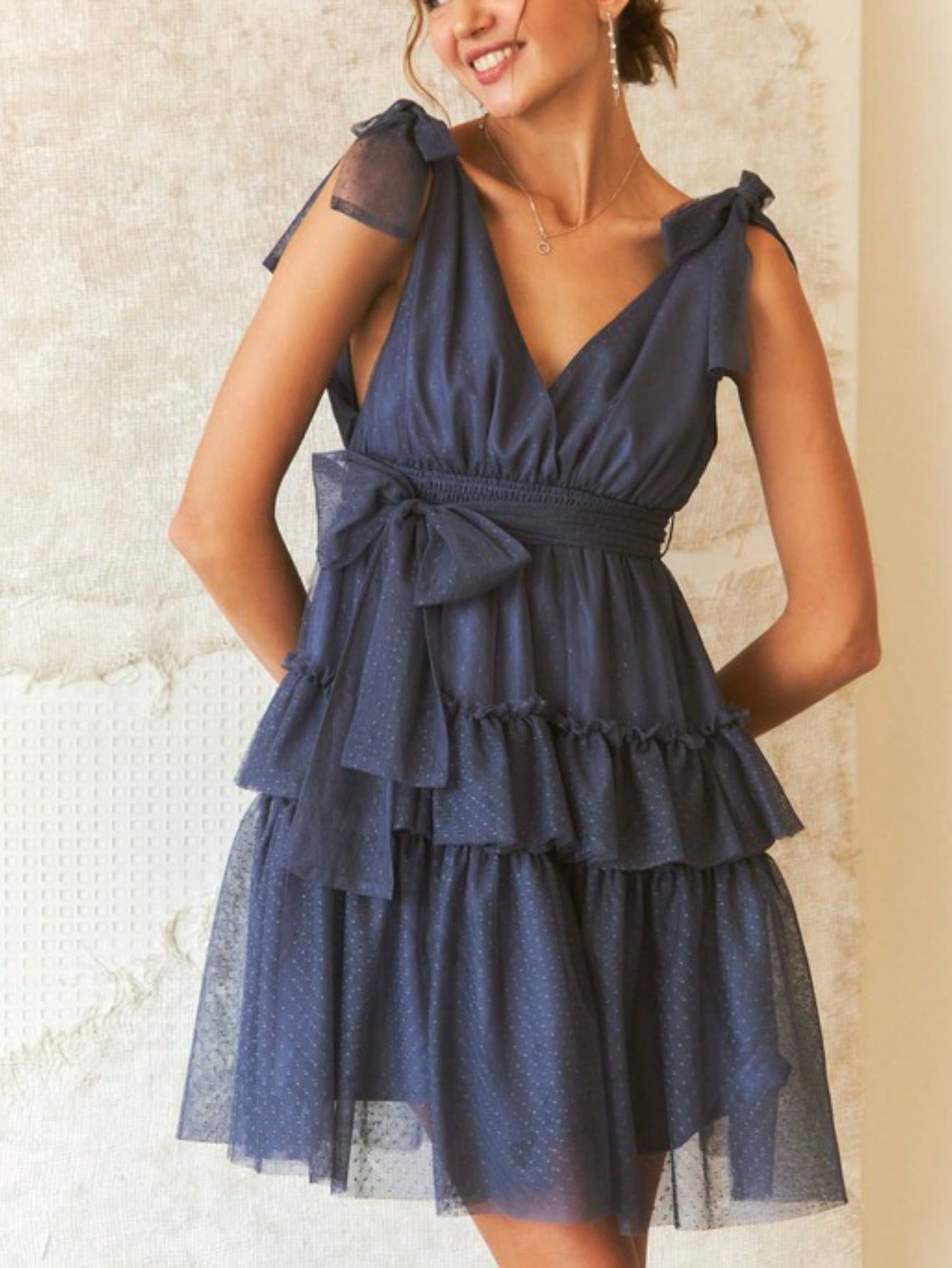 womens casual party romantic chic shoulder bow tiered ruffle mini dress navy blue sleeveless v neck swiss dot tulle mesh overlay summer wedding guest cocktail evening special occasion