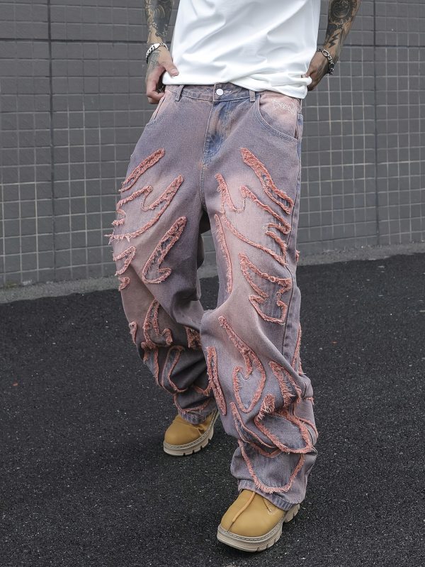 a pair of men's vintage hip hop style niche design loose denim pants, featuring tasseled fringes, distressed gradient wash wide leg pants (excluding beltu002faccessories), suitable for all seasons.