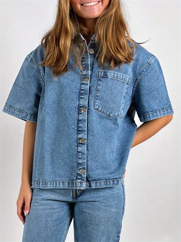 women's oversized denim shacket short sleeve button up jean jacket with collar & chest pockets, casual all season cardigan, machine washable, autumn wardrobe, relaxed fit, solid color design, durable fabric