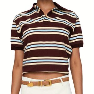 women's y2k vintage striped crop top with lapel collar casual short sleeve shirt in brown & light blue, non stretch machine washable fabric for spring summer fall streetwear, teenage fashion, soft texture