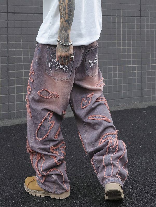 a pair of men's vintage hip hop style niche design loose denim pants, featuring tasseled fringes, distressed gradient wash wide leg pants (excluding beltu002faccessories), suitable for all seasons.