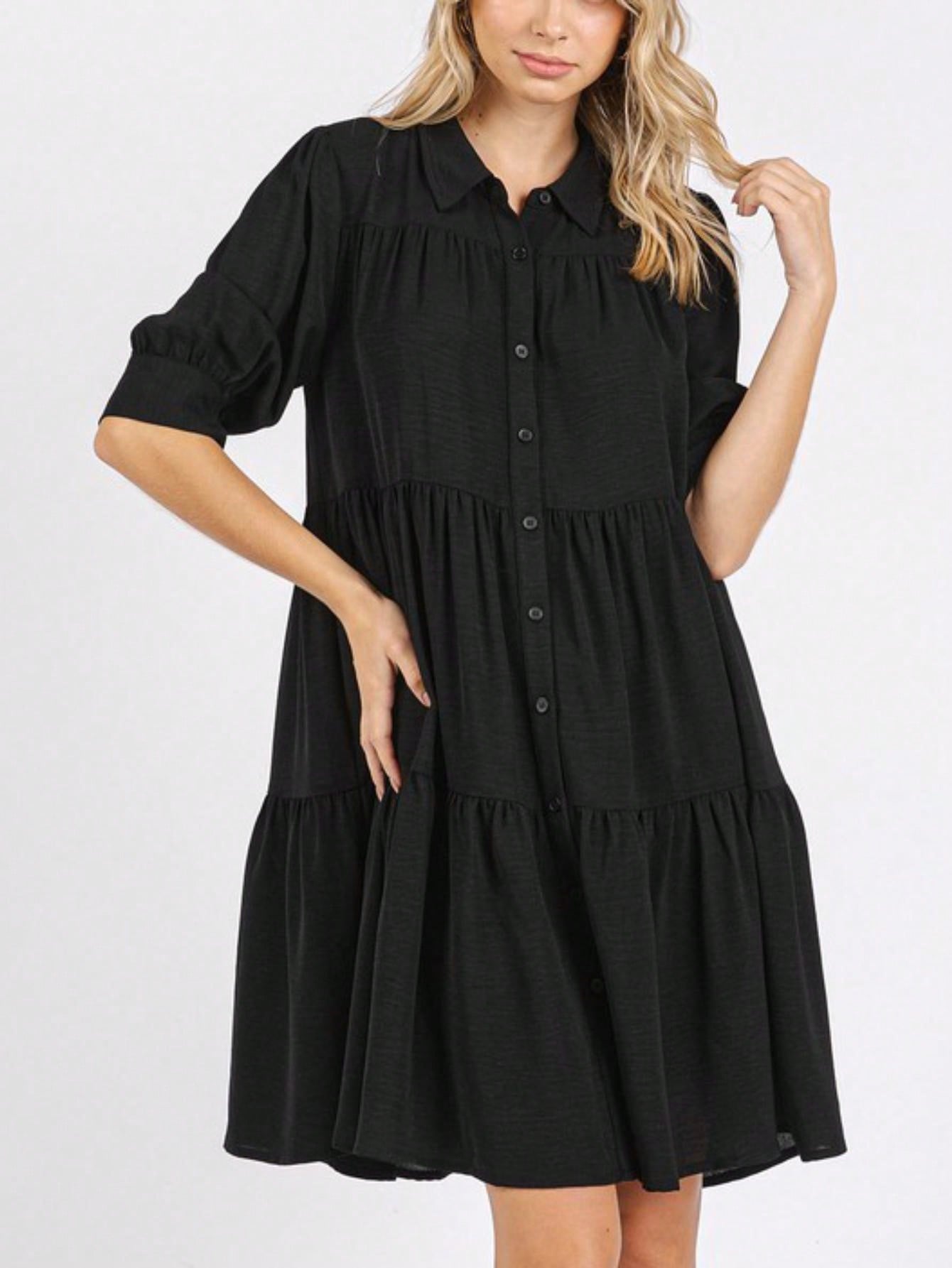 womens casual babydoll chic tiered ruffle flowy midi dress black three quarter length sleeve round neck loose fit lightweight breathable summer spring daily wear