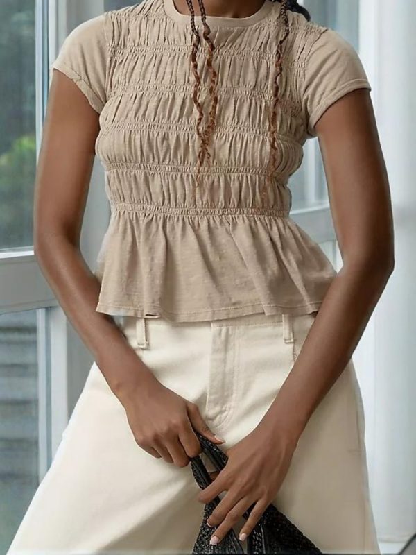 women's elegant smocked summer short sleeve top slim fit ruffle hem & cap sleeve blouse with shirred neckline, round neck casual to semi formal shirt, machine washable solid color going out blouse