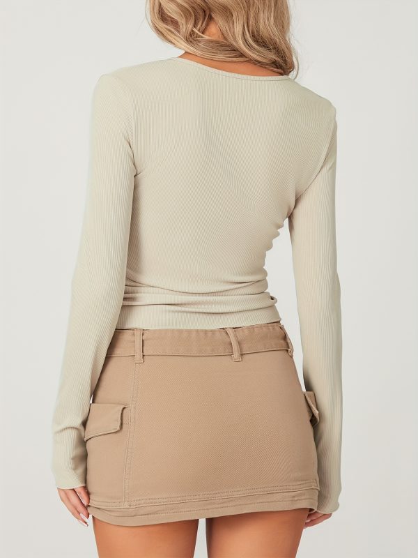 1pc women's casual ribbed knit t shirt long sleeve, solid color, button up, polyester top for springu002fautumn