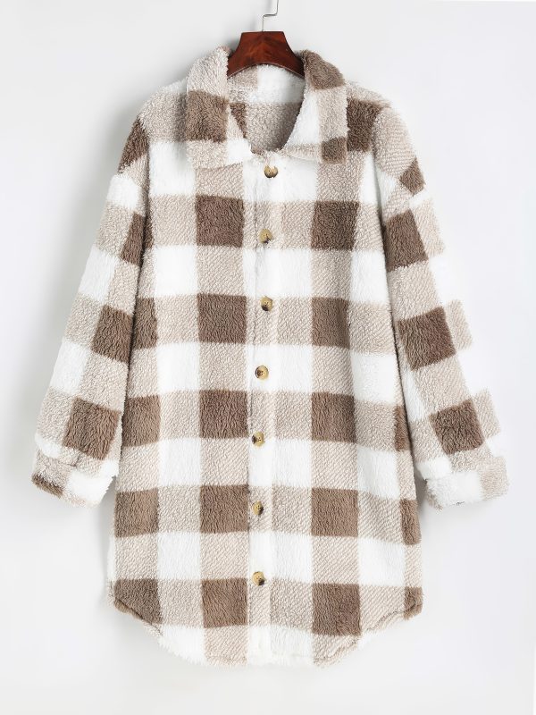 chic women's plaid fleece coat casual long jacket with button detail, machine washable perfect for fallu002fwinter