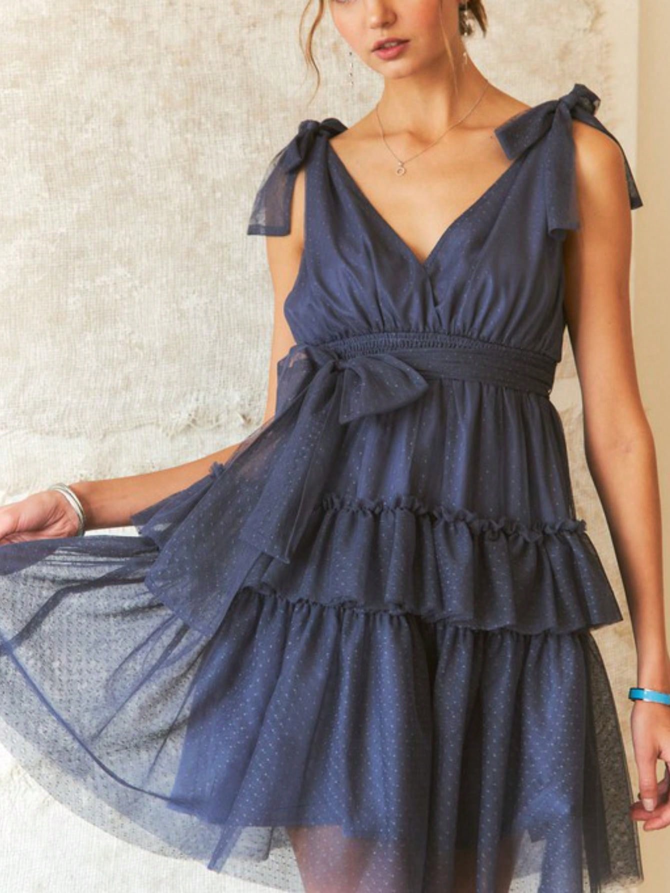 womens casual party romantic chic shoulder bow tiered ruffle mini dress navy blue sleeveless v neck swiss dot tulle mesh overlay summer wedding guest cocktail evening special occasion