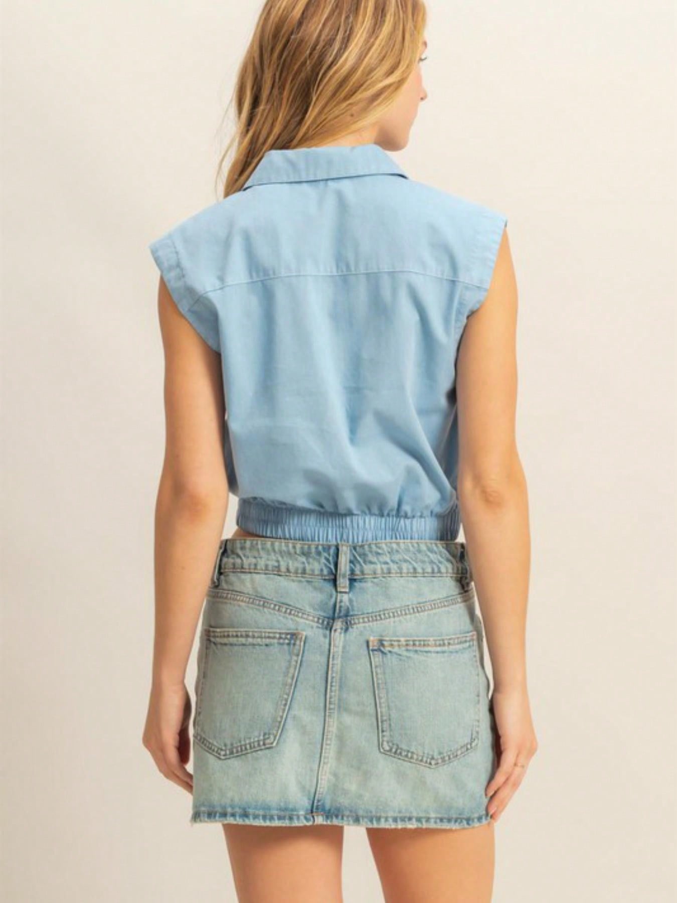 womens casual denim chic sleeveless crop top button down elastic waist light blue collared summer top classic western style shirt for daily wear beach weekend