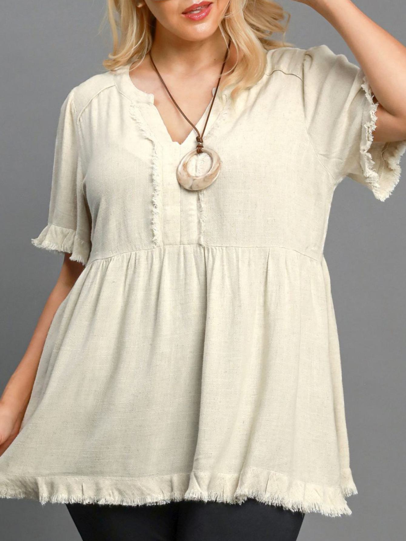 womens casual boho chic frayed edge babydoll peplum top cream white half sleeve v neck loose fit flowy ruffle hem blouse perfect for spring summer daily wear beach vacation