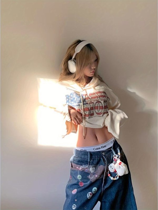 american fun badge printed belt jeans men's summer 2025 new loose wide leg straight length pants