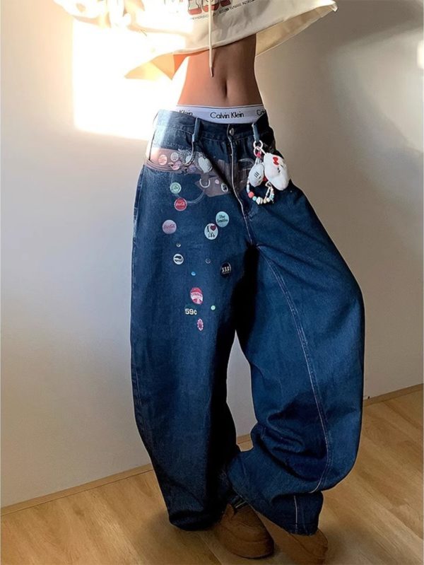american fun badge printed belt jeans men's summer 2025 new loose wide leg straight length pants