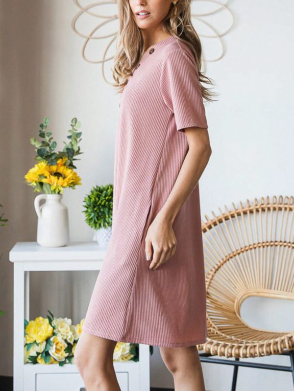 womens casual ribbed knit chic minimalist relaxed fit t shirt dress dusty pink half sleeve knee length round neck stretchy textured summer spring daily wear loose comfort midi